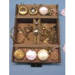 A small jewellery box containing six gold-yellow metal pocket watches, an 18ct. gold signet ring,