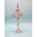 A late Victorian pressed glass candelabrum, three sconces issuing from figural stem, pendant