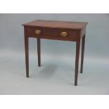 A George III mahogany side table, single drawer with original oval, pressed brass handles, pine-