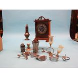 A late Victorian walnut mantel clock, with aesthetic ceramic dial, French timepiece movement,