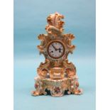 A French porcelain mantel clock, on plinth, rococo-shape with elaborate gilding, 15.5in. max. -