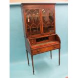 A Sheraton period mahogany cylinder bureau-bookcase, pair of glazed doors with inlaid lancets, two