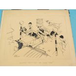 Two pen-drawn cartoons, artists Stan Terry, Jack Dunkley, one framed, 12 x 10in.
