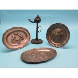 Three 18th century armorial pewter dishes, wave-edge pattern, together with a 19th century pewter