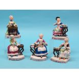 A set of five 19th century German porcelain figures, The Senses, each a seated lady, 5in. high