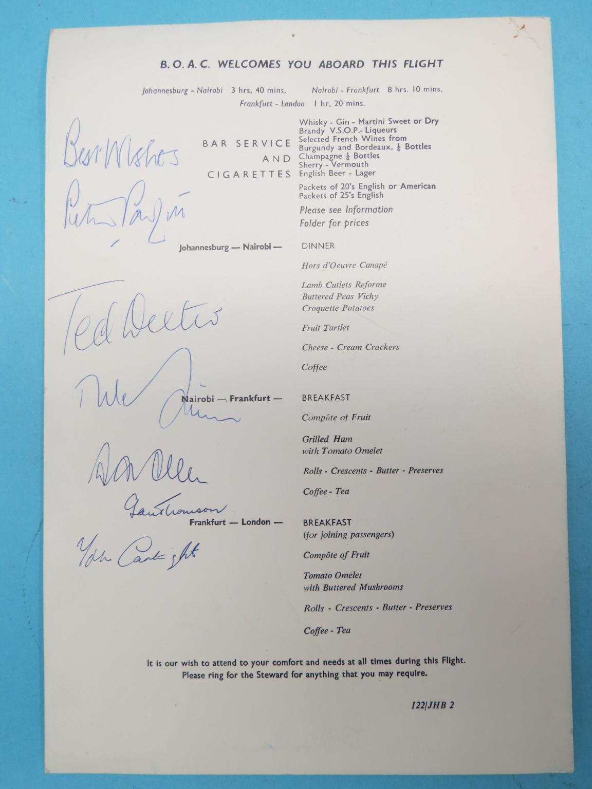 An autographed BOAC menu, England cricketers include Ted Dexter and Peter Parfit, circa 1967, also