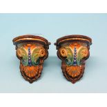 A pair of continental majolica wall brackets, leaf and shell pattern, 8in. high