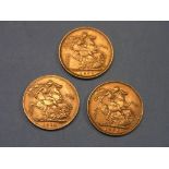 Three gold Sovereigns,1892, 1900, 1913