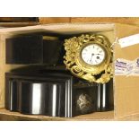 Two 19th century ebonised mantel clocks, architectural form, and a gilded metal wall clock in