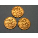 Three Victorian gold Sovereigns, 1883, 1885, 1885, all Melbourne mint