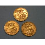 Three Victorian gold Sovereigns, 1871, 1872, 1873, latter Sydney mint