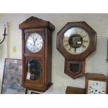 An early 20th century hall clock, with silvered dial and chiming movement, in beech case, with key