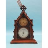 A Victorian gothic revival mantel clock-barometer, timepiece movement, aneroid barometer dial signed