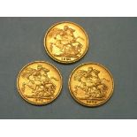 Three Victorian gold Sovereigns, 1876, 1878, 1878, two latter Melbourne mint