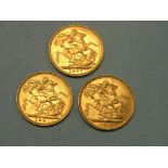 Three gold Sovereigns, 1894, 1907, 1911, two latter Sydney mint