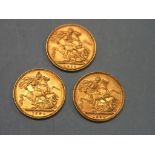 Three Victorian gold Sovereigns, 1892, 1893, 1894, includes Melbourne and Sydney mints