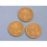 Three gold Sovereigns, 1876, 1883, 1903, Melbourne and Sydney mints
