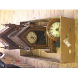 A 19th century dial clock, 5in. convex wood dial, and three American spire-shape shelf clocks