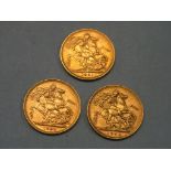 Three Victorian gold Sovereigns, 1891, 1892, 1898, includes two Melbourne mint