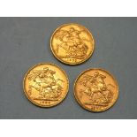 Three Victorian gold Sovereigns, 1876, 1889, 1896, includes Melbourne and Sydney mints