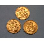 Three Victorian gold Sovereigns, 1898, 1899, 1900, former Sydney mint