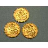 Three Victorian gold Sovereigns, 1893, 1895, 1898, includes two Melbourne mint