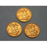 Three Victorian gold Sovereigns, 1892, 1893, 1894