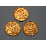 Three Victorian gold Sovereigns, 1891, 1892, 1893, includes two Sydney mint