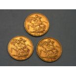 Three Victorian gold Sovereigns, 1882, 1883, 1885, Sydney and Melbourne mints