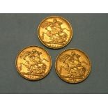 Three Victorian gold Sovereigns, 1891, 1892, 1893, former Sydney mint