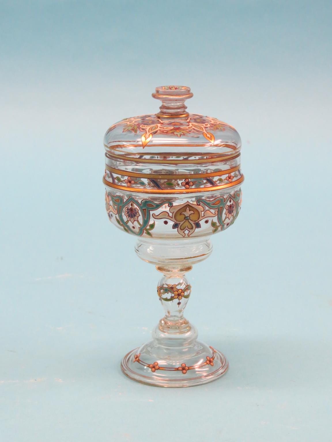 An enamelled glass goblet, attributed to Lobmeyr, with cover, stylised designs in enamels with - Image 3 of 4