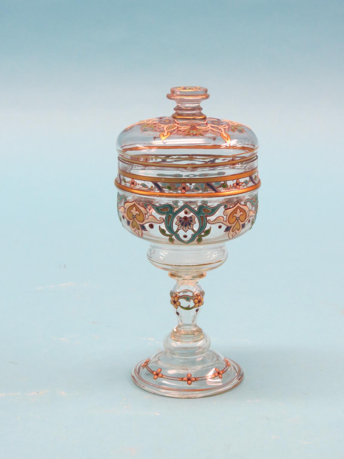 An enamelled glass goblet, attributed to Lobmeyr, with cover, stylised designs in enamels with - Image 2 of 4