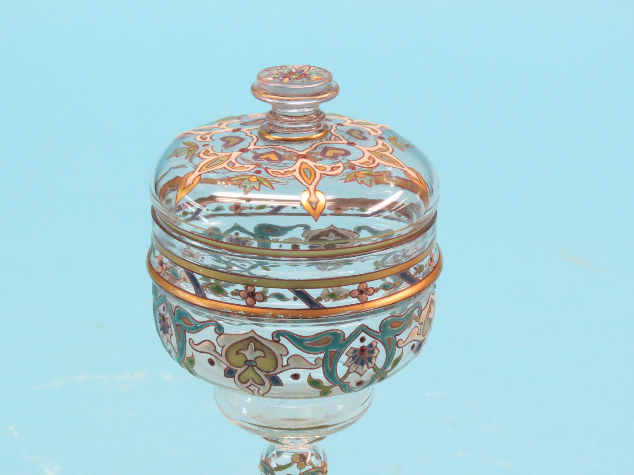 An enamelled glass goblet, attributed to Lobmeyr, with cover, stylised designs in enamels with - Image 4 of 4