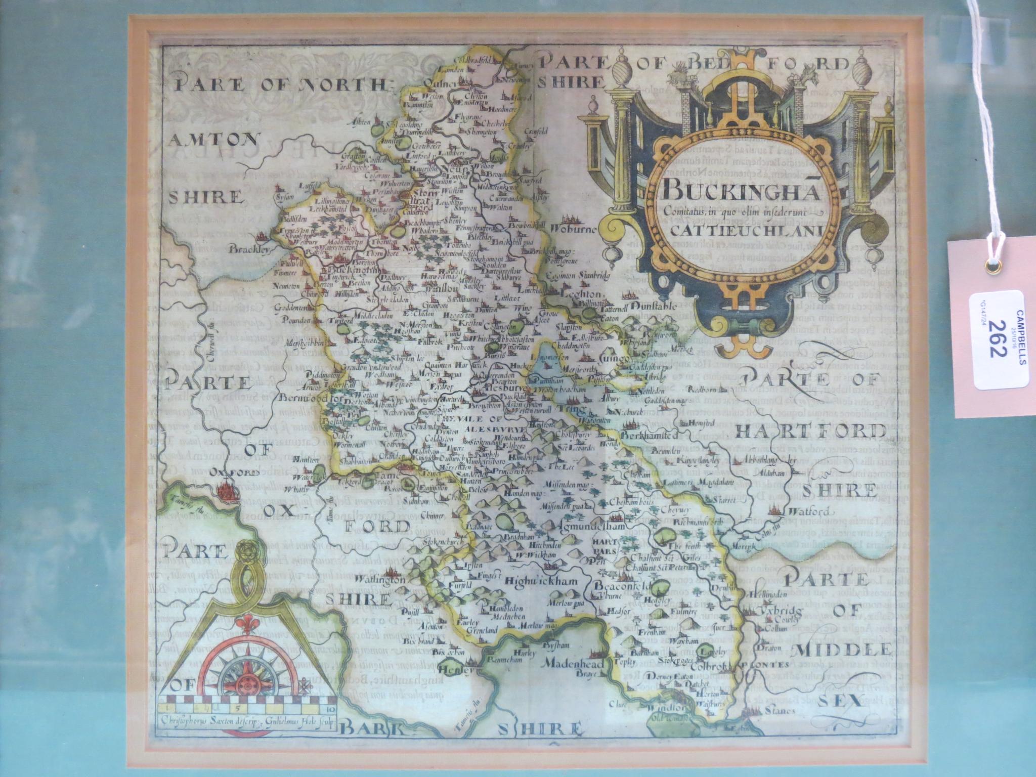 A 17th century printed map, Buckinghamshire, by Gulielmus Hole, with hand-coloured detail, 11in.