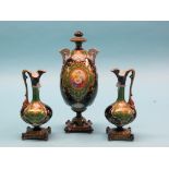 A near-matching 19th century French mantel garniture, two-handled vase painted with a panel of