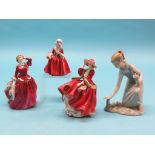 Three Royal Doulton bone china figures, Top O'the Hill, HN1834, Blithe Morning, HN2065 and