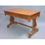 A Victorian 'bird's-eye' maple library table, rectangular-shape with two frieze drawers, frieze