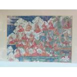 A Tibetan Thangka, Buddhistic teacher and deities, coloured pigments on cloth, 8 x 11in.