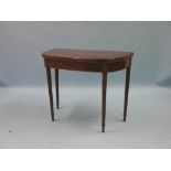 A George III inlaid mahogany card table, D-shape on reeded, tapering legs, 3ft.