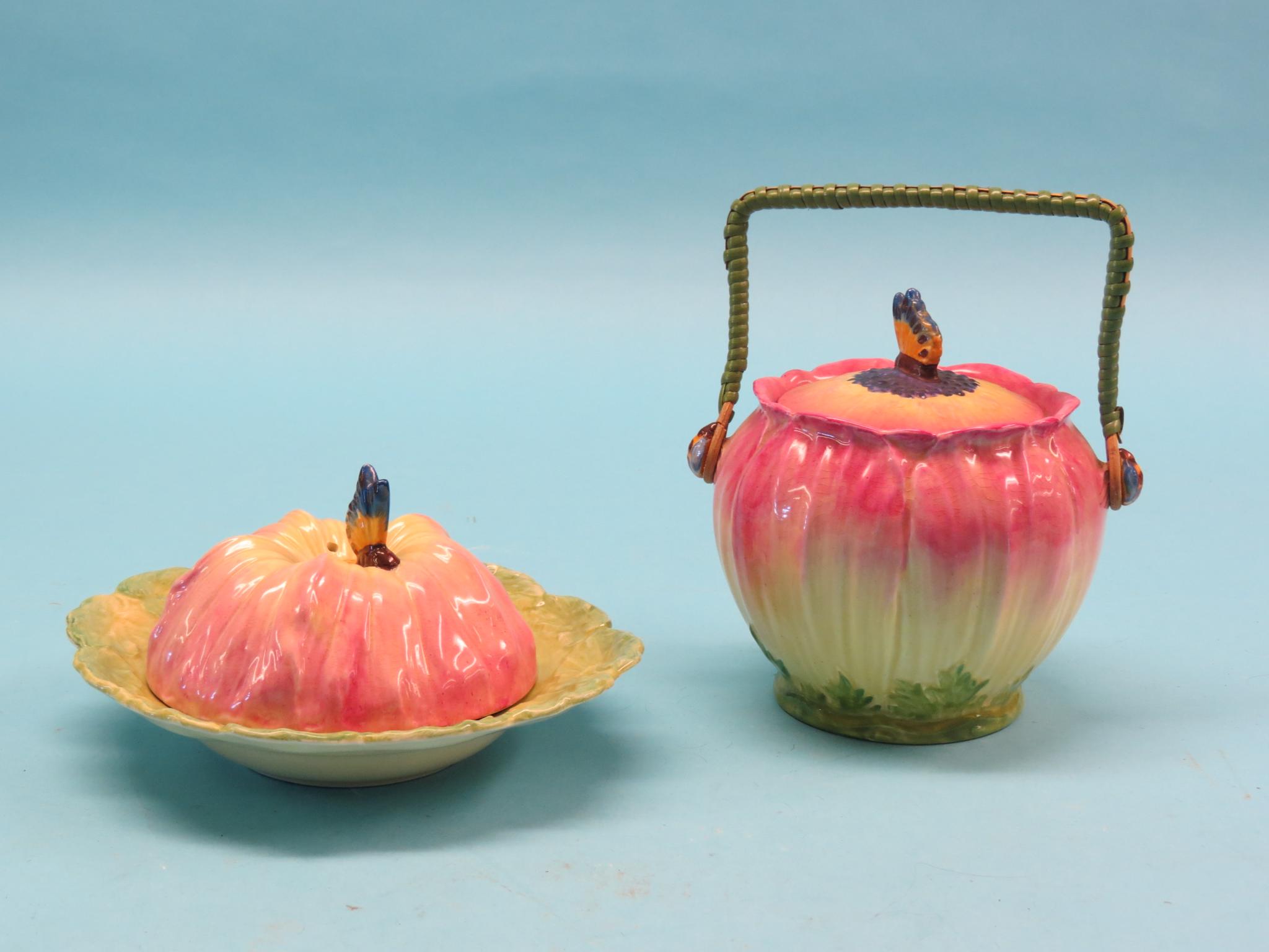 A Beswick Gardena Ware biscuit barrel, matching muffin dish, both with covers, opaque glass oil