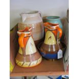 A pair of Art Deco Myott jugs, a Shelley jug, 10in., two other jugs, Lovatts vase and a copper