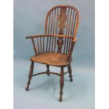 A Victorian yew Windsor bow-back armchair, back with pierced splat, elm seat, yew underframe