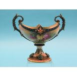 A Royal Worcester centrepiece, boat-shape with scroll handles, finely painted with Hadley-style