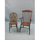 A Victorian Windsor stick-back elbow chair, together with a set of four Windsor wheel-back single