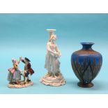 A 19th century German porcelain candlestick figure, 10in., a Sitzendorf figure group, couple