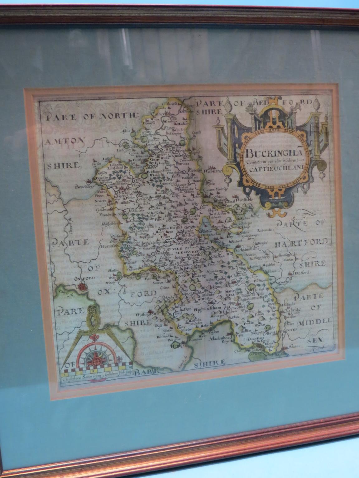 A 17th century printed map, Buckinghamshire, by Gulielmus Hole, with hand-coloured detail, 11in. - Image 3 of 7