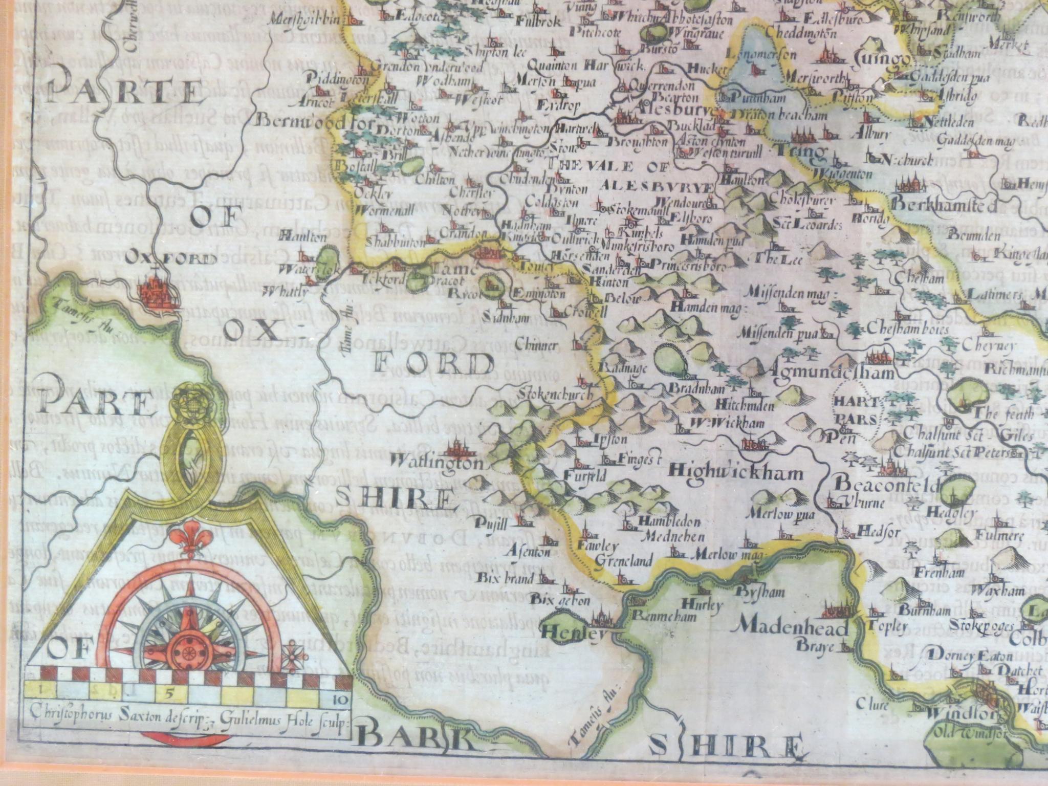 A 17th century printed map, Buckinghamshire, by Gulielmus Hole, with hand-coloured detail, 11in. - Image 5 of 7