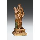 Scultura reliquiario in stucco policromo e dorato raffigurante Madonna con Bambino. Plasticatore