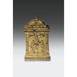 Pace in bronzo fuso, cesellato e dorato raffigurante crocifissione, scuola padovana del XV-XVI