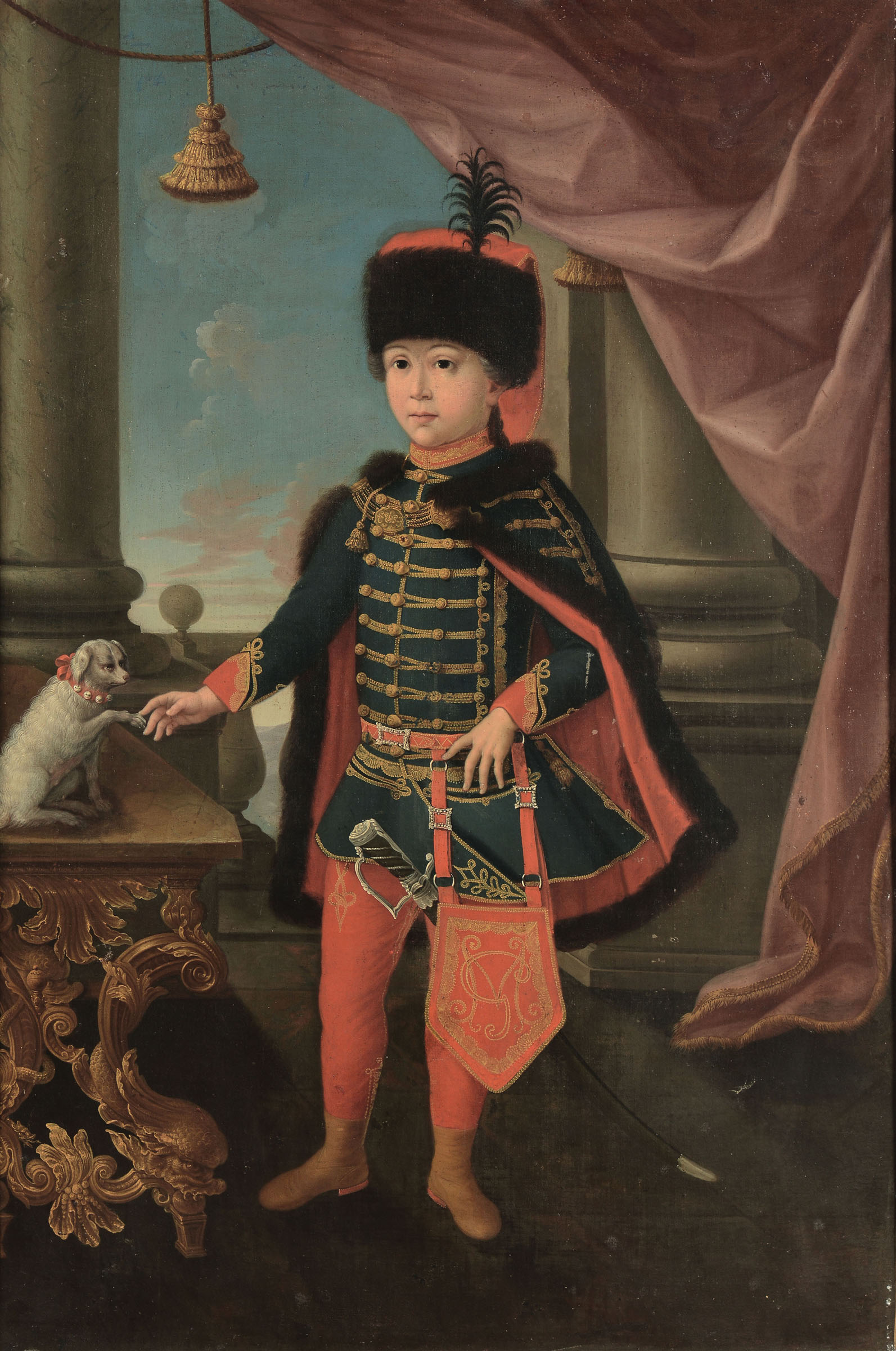 Pittore Italiano del XVIII secolo, Fanciullo in uniforme con cagnolino olio su tela, cm 146x97, in